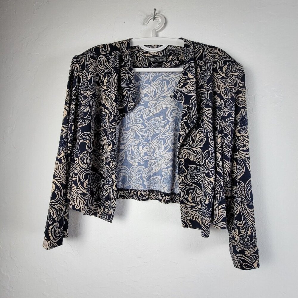 Jessica Howard Womens Paisley Print Open Front Cropped Blazer Cardigan 22W Blue
